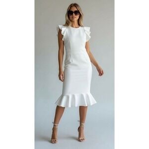 NEW Venus‎ White Medium Ruffle Sleeve Mermaid Hem Midi Dress